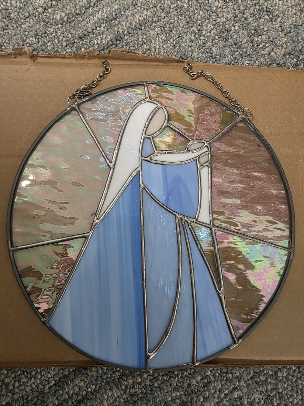 Stained Glass Madonna And Child Wall Hanging - Blue and Iridescent